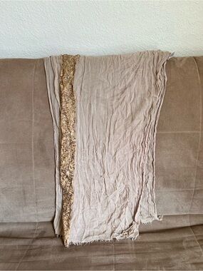 Source Unknown Beige Scarf with Gold Sequin Trim